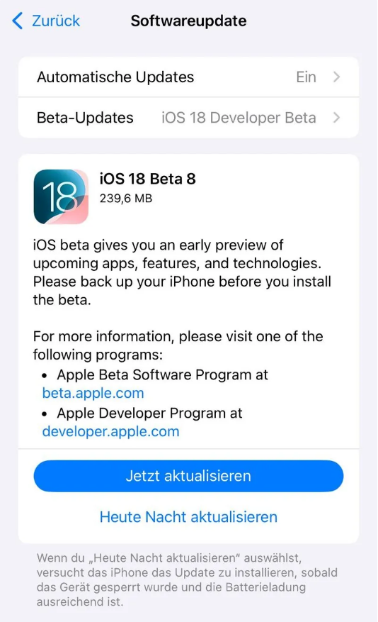 咸安苹果手机维修分享苹果 iOS / iPadOS 18 开发者预览版 Beta 8 发布 